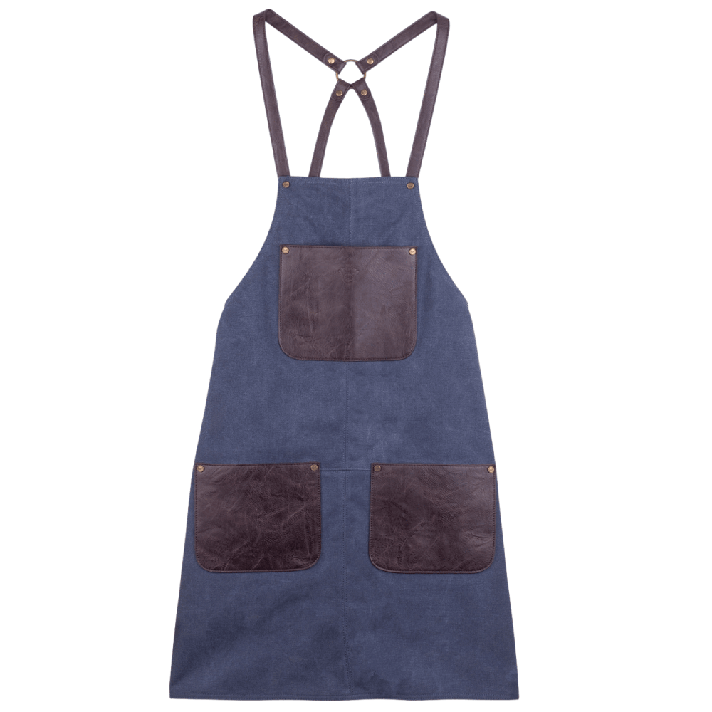 Forkle i canvas med lommer i kunstig skinn